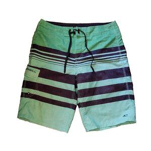 O'Neill Board Shorts Swim Trunks Green Black Mens Size 30 Striped Pocket Logo